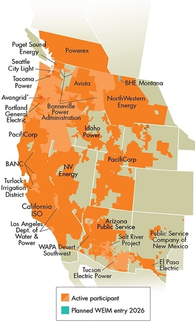 A map of the utilities and balancing authorities that are members of the Western Energy Imbalance Market