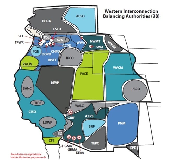A map of the 38 balancing authorities within the Western Electricity Coordinating Council